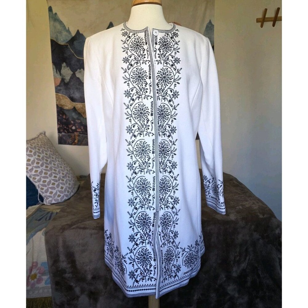 Peter Nygard Ivory Wool Embroidered Coat 14 Boho Folk Jacket Longline Tunic L - Picture 5 of 16